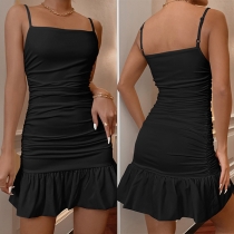 Sexy Square Neck Backless Ruched Ruffled Hemline Bodycon Slip Dress