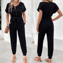 Fashion Front Button Crew Neck Short Sleeve Self-tie Jumpsuit