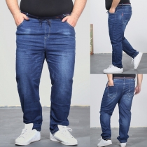 Fashion Drawstring Waist Old-washed Plus-size Denim Jeans for Men
