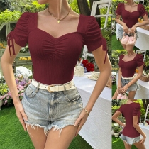 Fashion Sweetheart Neckline Drawstring Short Sleeve Shirt