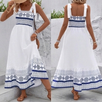 Bohemia Style Printed Square Neck Self-tie Shoulder Strap Midi Dress