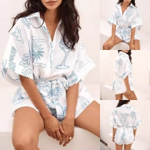 Casual Printed Stand Collar V-neck Short Sleeve Self-tie Romper