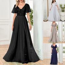 Elegant Sequined Bodice V-neck Short Sleeve Party Dress