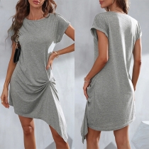 Casual Crew Neck Short Sleeve Irregular Henline Ruched Dress