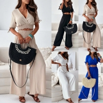 Fashion Solid Color Two-piece Set Consist of Crop Top and Wide-leg Pants