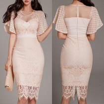 Fashion Crew Neck Ruffle Short Sleeve Bodycon Lace Dress