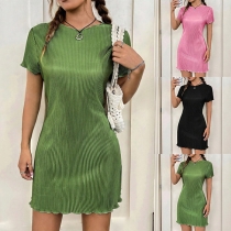Fashion Solid Color Crew Neck Short Sleeve Ribbed Dress