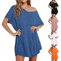 Casual Solid Color V-neck Short Sleeve Mini Dress