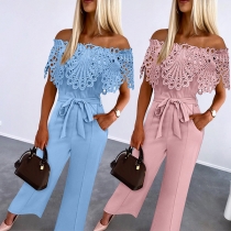 Fashion Lace Spliced Off-the-shoulder Self-tie Straight-cut Jumpsuit