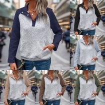 Fashion Contrast Color Button Stand Collar Long Sleeve Kangaroo Pockets Textured Sweatshirt