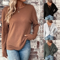 Casual Long Sleeve Back Knot Backless Texture Shirt