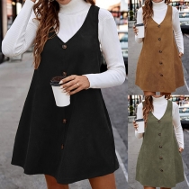 Vintage Solid Color Front Button Side Pockets Suspender Dress