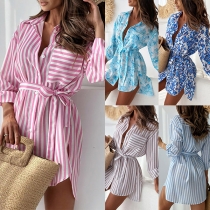 Fashion Stripe Printed/Floral Printed Long Sleeve Self-tie Shirt Dress