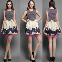 Elegant Style Sleeveless Round Neck High Waist Print Dress