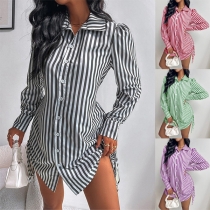 Fashion Vertical Stripe Print Side Drawstring Long Sleeve Shirt Dress