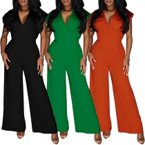 Fashion V-neck Cap Sleeve Wide-leg Jumpsuit