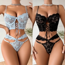 Sexy Beaded Lace-up Cutout  Lace Two-piece Lingerie Set