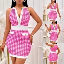 Fashion Houndstooth Printed Button V-neck Sleeveless Bodycon Dress