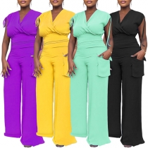 Fashion Two-piece Set Consist of Crop Top and Side Patch Pockets Pants