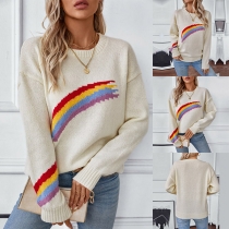 Fashion Rainbow Printed Crew Neck Long Sleeve Sweater