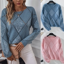 Fashion Hollow Out Sequin Sequin Diamond Pattern Crew Neck Long Sleeve Sweater