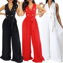 Fashion V-neck Notch Lapel Double Breasted Self-tie Pleated Wide-leg Jumpsuit