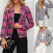 Fashion Plaid Notch Lapel Double Breasted Long Sleeve Blazer