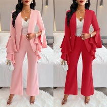 Elegant Two-piece Suit Set Consist of Ruffle Long Sleeve Blazer and Straight-cut Pants