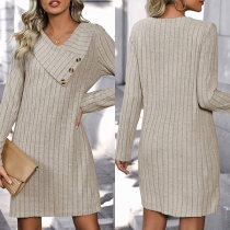 Elegant Button V-neck Long Sleeve Ribbed Dress