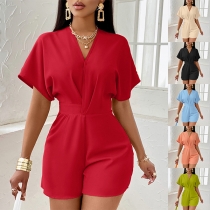 Fashion Solid Color V-neck Short Sleeve High-rise Romper