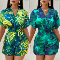 Fashion Floral Printed V-neck Short Sleeve High-rise Romper