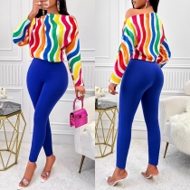Fashion Colorful Two-piece Set Consist of Colorful Stripe Printed Shirt and Slim-fit Pants