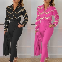 Fashion Printed Two-piece Set Consist of Wave Printed Blouse and Pants