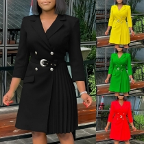 Elegant Double-breasted Notch Lapel Elbow Sleeve Pleated Suit Dress