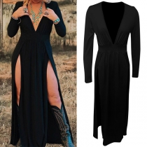 Sexy V-neck Long Sleeve High-slit Black Dress