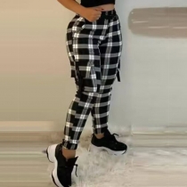 Fashion Plaid Side Patch Pockets Pants