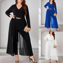 Fashion Solid Color V-neck Long Sleeve Chain Decoration Jumpsuit