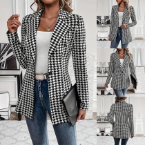 Fashion Houndstooth Printed Notch Lapel Long Sleeve Blazer