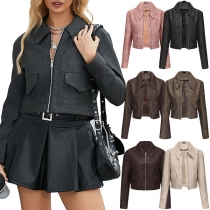Fashion Front Zipper Long Sleeve Artificial Leather PU Crop Jacket