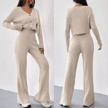 Fashion Ribbed Two-piece Set Consist of Crop Cardigan and Straight-cut Pants