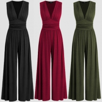 Fashion Solid Color V-neck Sleeveless High-rise Wide-leg Jumpsuit