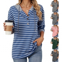 Casual Stripe Printed Drawstring Hooded Long Sleeve Shirt