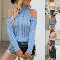 Fashion Solid Color Mock Neck Open Shoulder Long Sleeve Cable Sweater