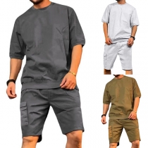Men's Sporty Two-piece Set Consist of Short Sleeve Shirt and Side Patch Pockets Shorts