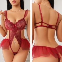 Sexy Floral Embroidery Front Cut Out Ruffle Lingerie Bodysuit