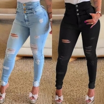Fashion Distreeted Button High-rise Old-washed Denim Skinny Jeans