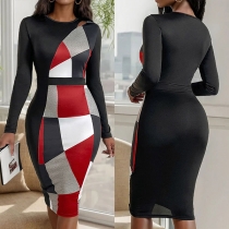 Fashion Contrast Color  Geometric Pattern Crew Neck Long Sleeve Bodycon Dress