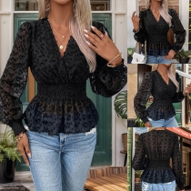 Fashion Jacquard Semi-through  V-neck Long Sleeve Cinch Waist Shirt