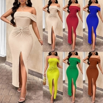 Sexy Off-the-shoulder Ruched Front Slit Bodycon Maxi Dress