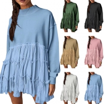 Fashion Crew Neck Long Sleeve Pleated Tiered Sweatshirt